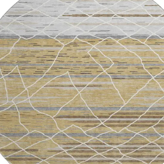 8' Gold Ivory And Gray Striped Washable Round Rug With UV Protection Photo 2