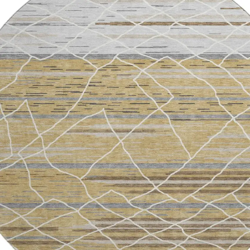 8' Gold Ivory And Gray Striped Washable Round Rug With UV Protection Photo 2