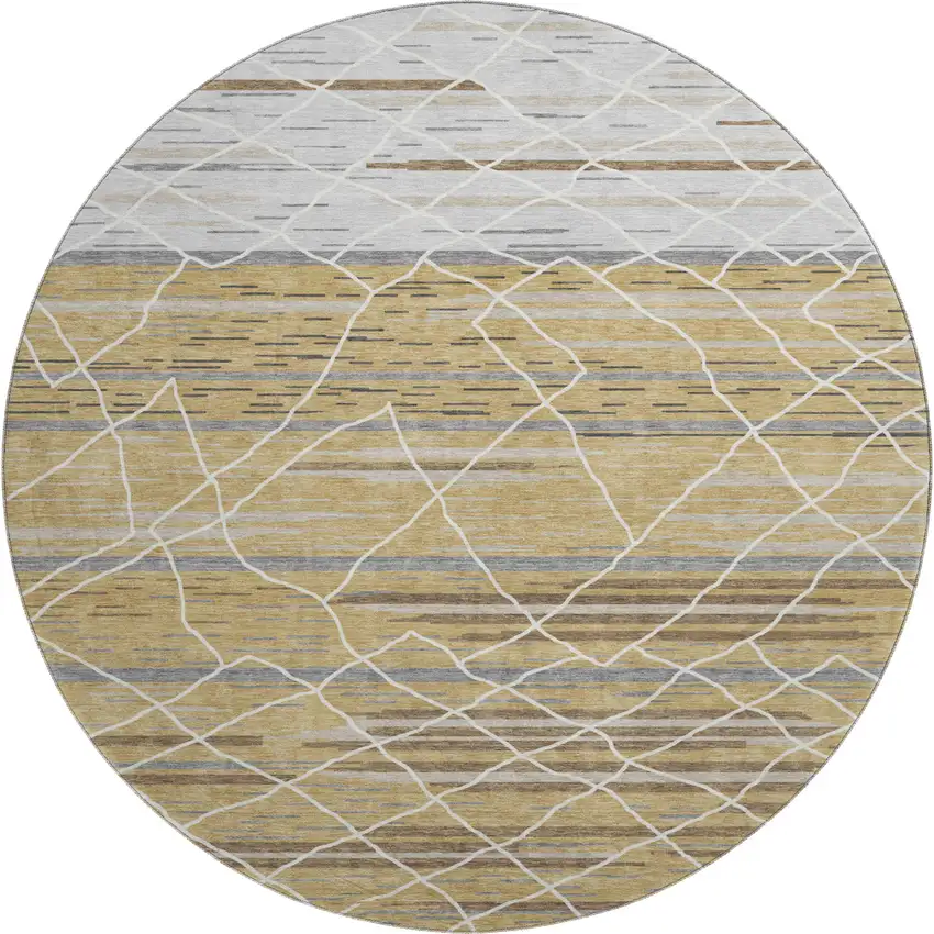 8' Gold Ivory And Gray Striped Washable Round Rug With UV Protection Photo 1