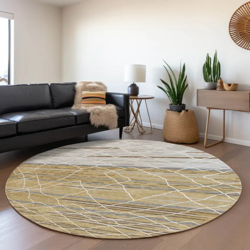 8' Gold Ivory And Gray Striped Washable Round Rug With UV Protection Photo 4