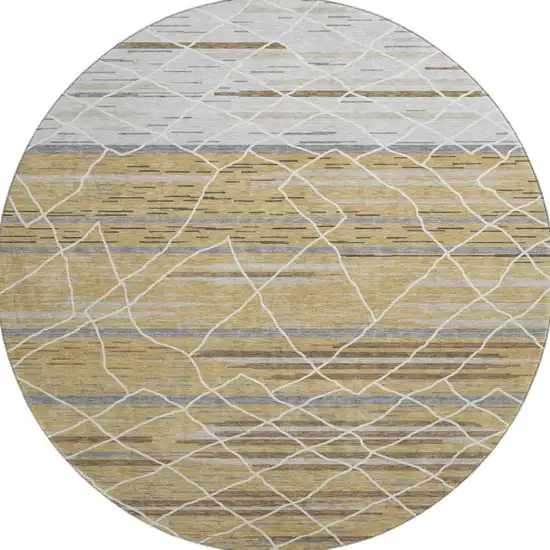8' Gold Ivory And Gray Striped Washable Round Rug With UV Protection Photo 3