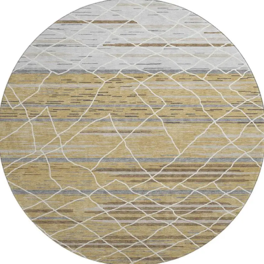 8' Gold Ivory And Gray Striped Washable Round Rug With UV Protection Photo 3