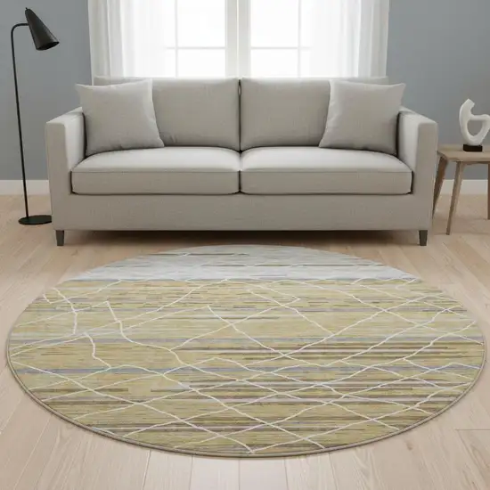 8' Gold Ivory And Gray Striped Washable Round Rug With UV Protection Photo 2