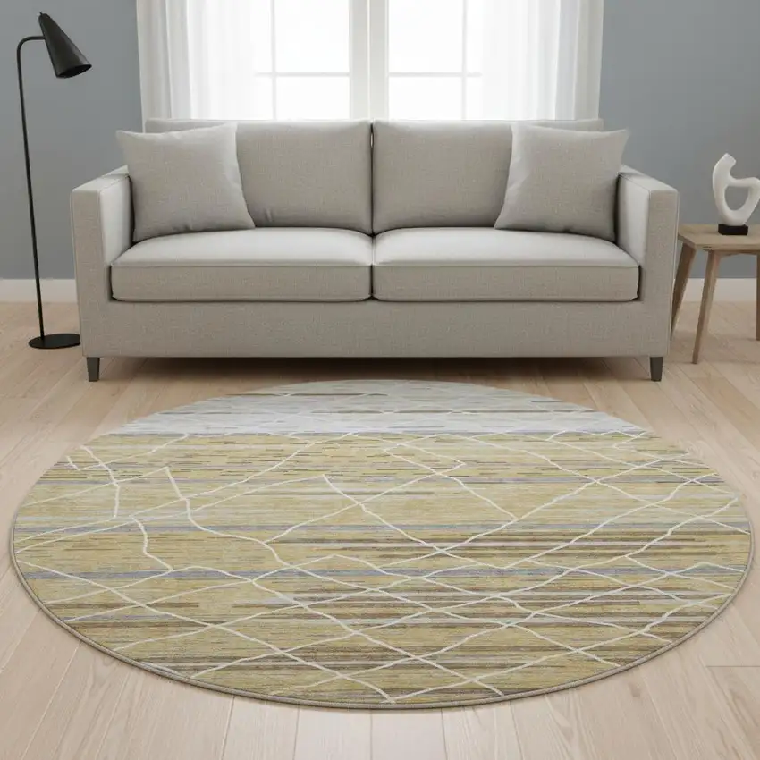 8' Gold Ivory And Gray Striped Washable Round Rug With UV Protection Photo 2