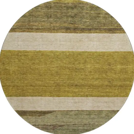 8' Gold Ivory And Gray Striped Washable Round Rug With UV Protection Photo 3
