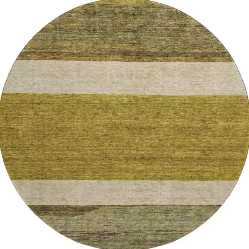8' Gold Ivory And Gray Striped Washable Round Rug With UV Protection Photo 3