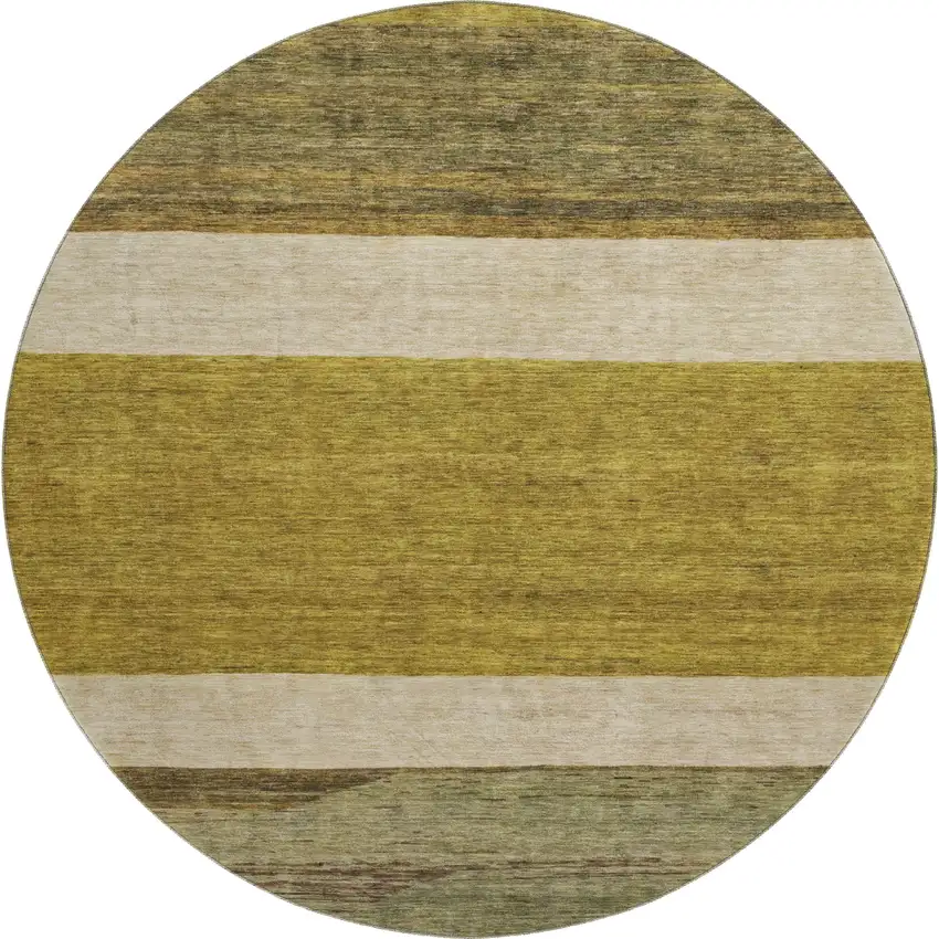 8' Gold Ivory And Gray Striped Washable Round Rug With UV Protection Photo 1