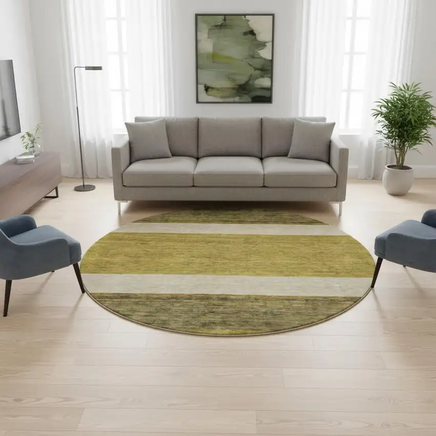 8' Gold Ivory And Gray Striped Washable Round Rug With UV Protection Photo 2