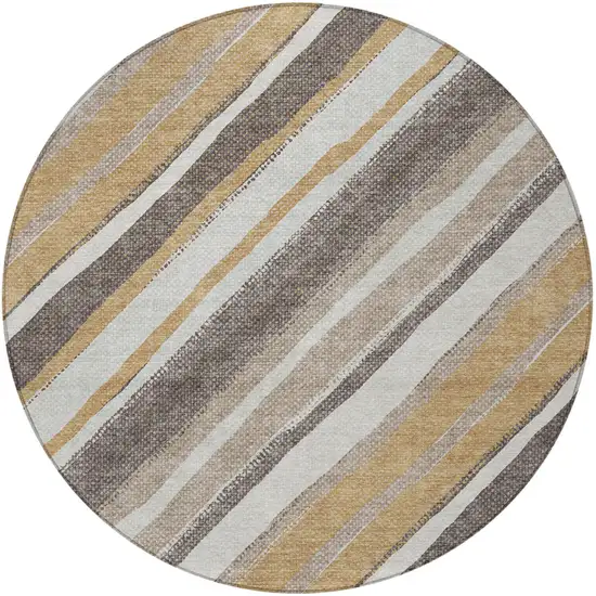 8' Gold Ivory And Taupe Round Striped Washable Indoor Outdoor Area Rug Photo 4