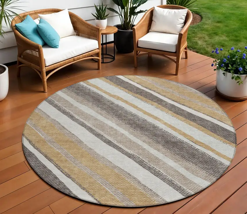 8' Gold Ivory And Taupe Round Striped Washable Indoor Outdoor Area Rug Photo 1