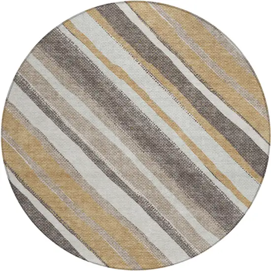 8' Gold Ivory And Taupe Round Striped Washable Indoor Outdoor Area Rug Photo 2