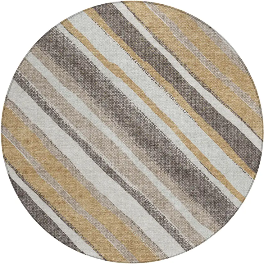 8' Gold Ivory And Taupe Round Striped Washable Indoor Outdoor Area Rug Photo 2