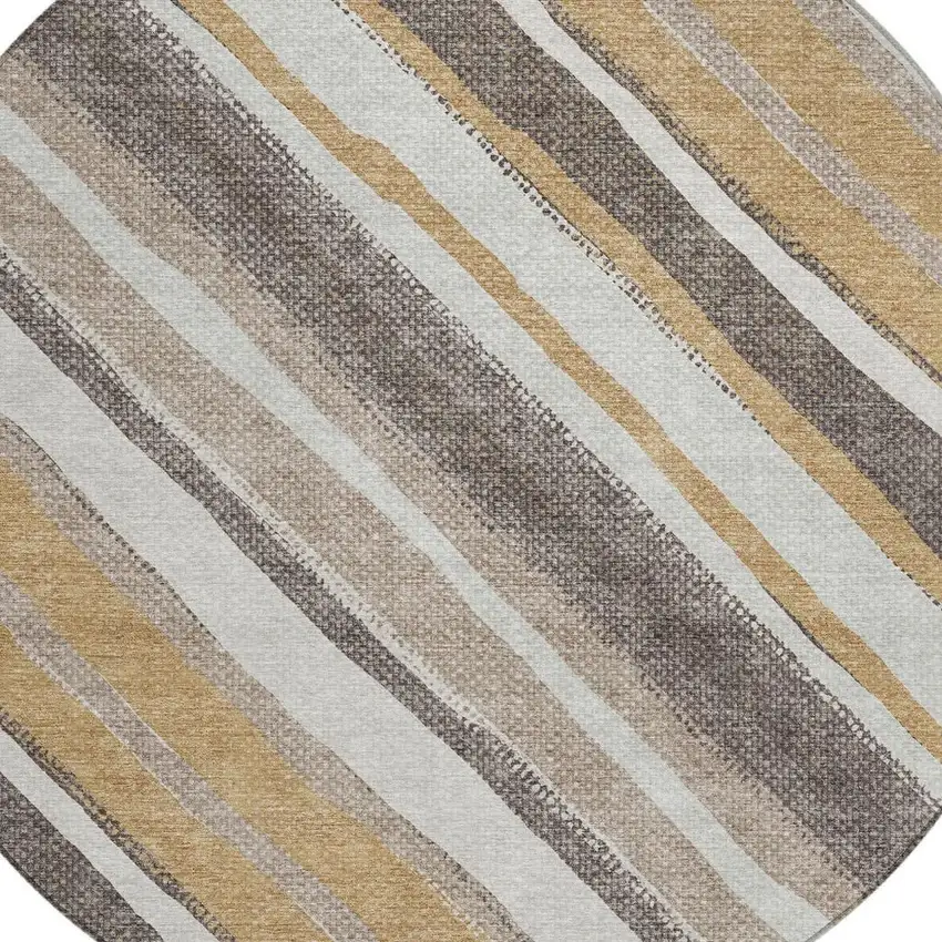 8' Gold Ivory And Taupe Round Striped Washable Indoor Outdoor Area Rug Photo 7
