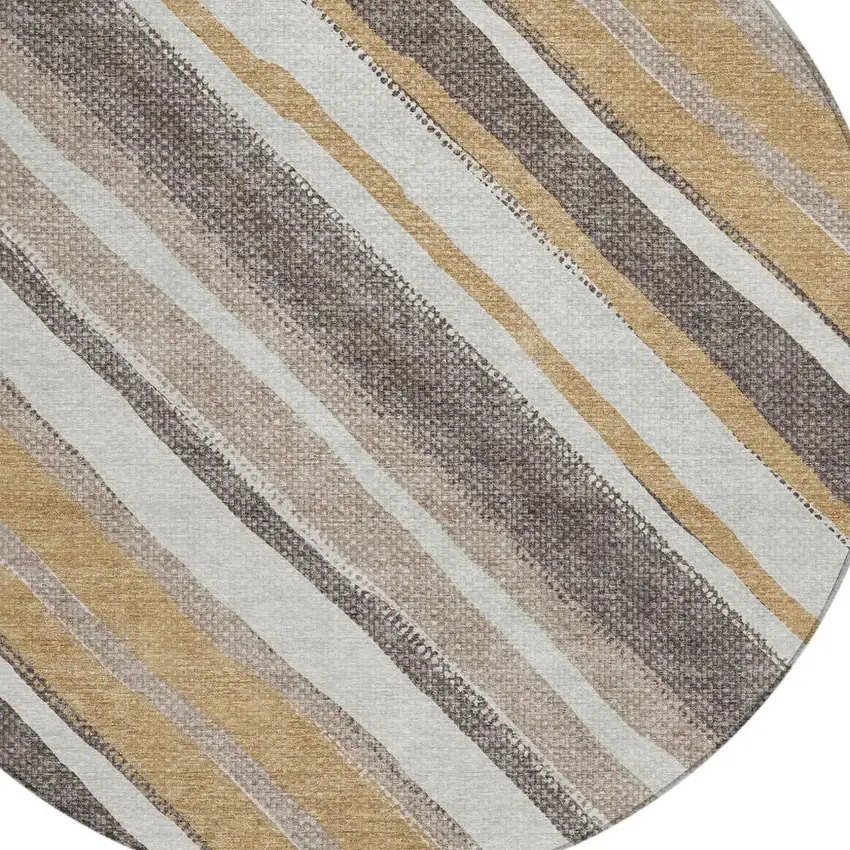 8' Gold Ivory And Taupe Round Striped Washable Indoor Outdoor Area Rug Photo 6