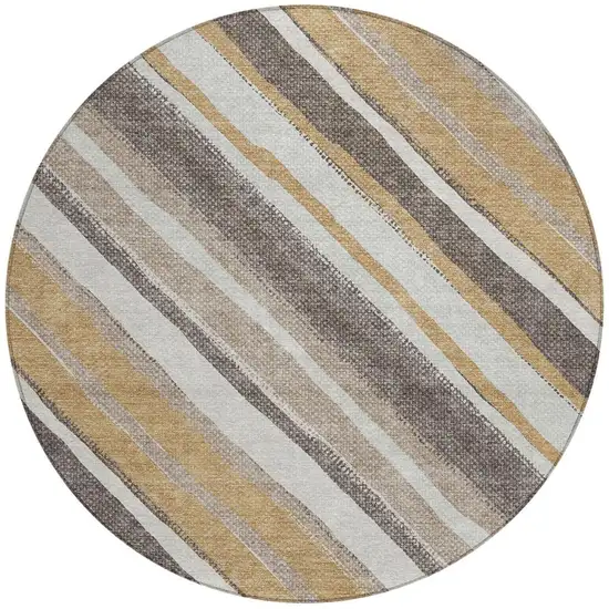 8' Gold Ivory And Taupe Round Striped Washable Indoor Outdoor Area Rug Photo 5