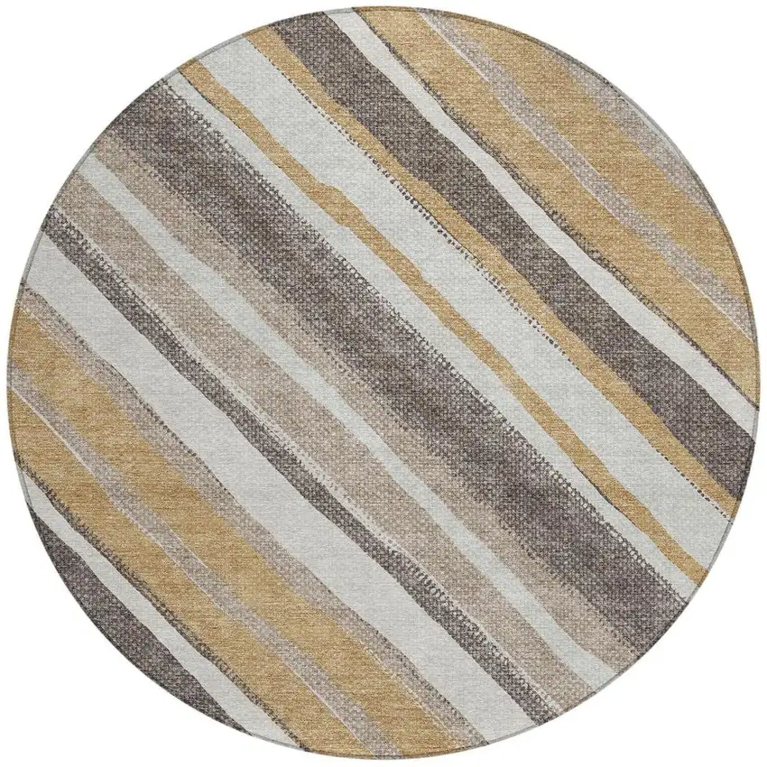 8' Gold Ivory And Taupe Round Striped Washable Indoor Outdoor Area Rug Photo 5