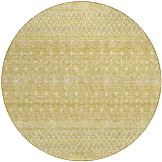 8' Gold Ivory And Taupe Round Tribal Washable Indoor Outdoor Area Rug Photo 1