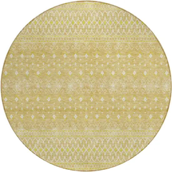 8' Gold Ivory And Taupe Round Tribal Washable Indoor Outdoor Area Rug Photo 1
