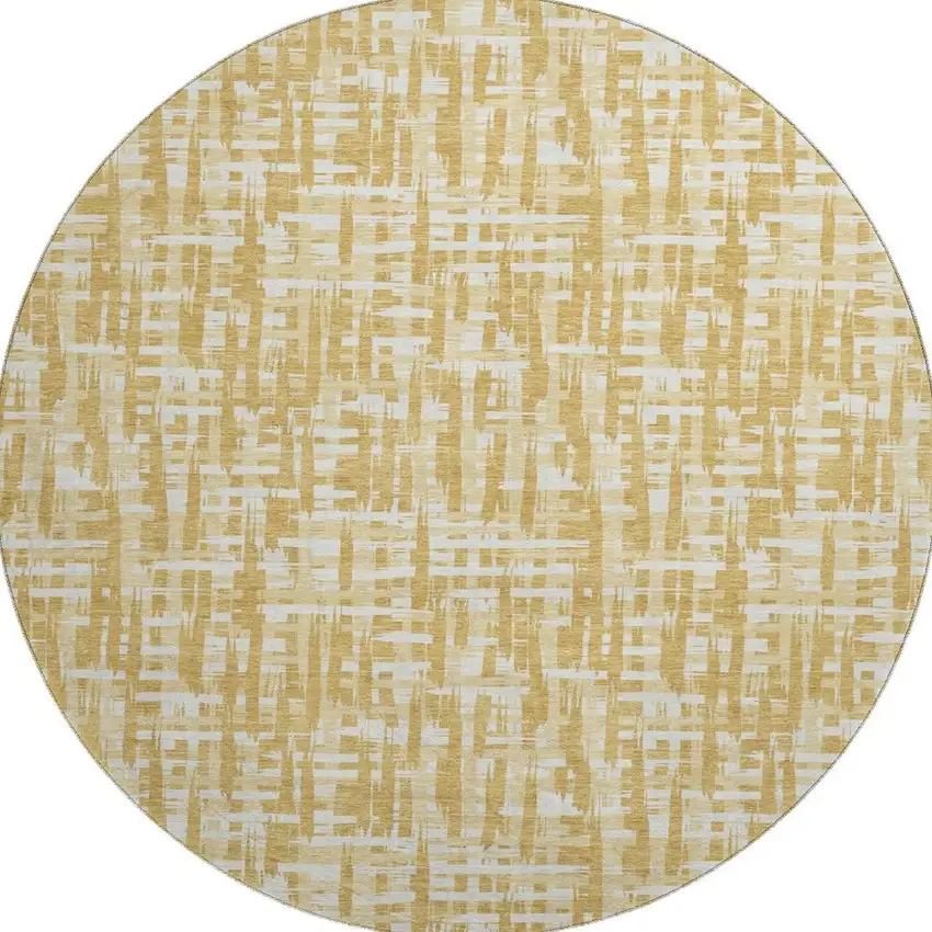 8' Gold Ivory And Wheat Abstract Geometric Washable Round Rug With UV Protection Photo 3