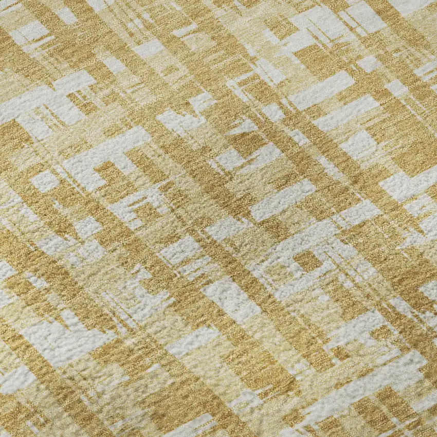 8' Gold Ivory And Wheat Abstract Geometric Washable Round Rug With UV Protection Photo 8