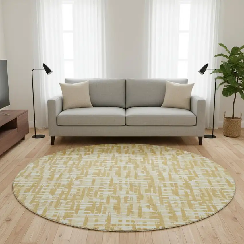 8' Gold Ivory And Wheat Abstract Geometric Washable Round Rug With UV Protection Photo 2