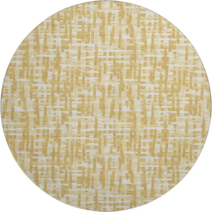 8' Gold Ivory And Wheat Abstract Geometric Washable Round Rug With UV Protection Photo 1