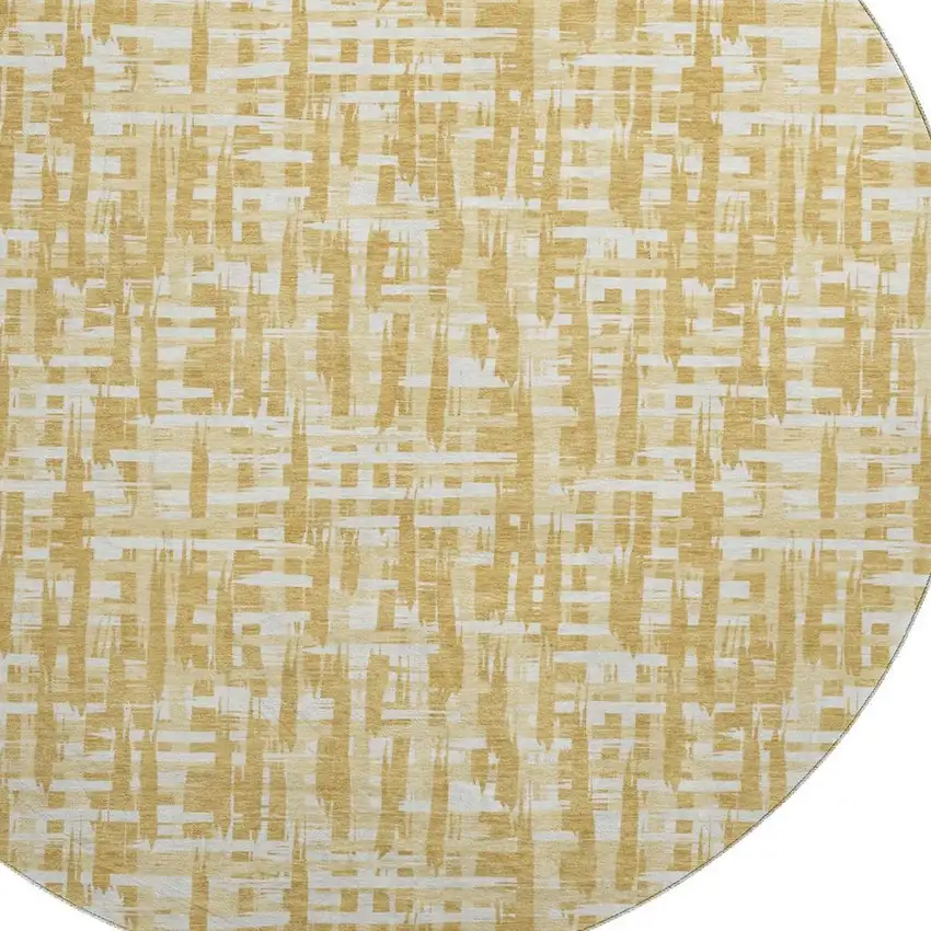 8' Gold Ivory And Wheat Abstract Geometric Washable Round Rug With UV Protection Photo 2
