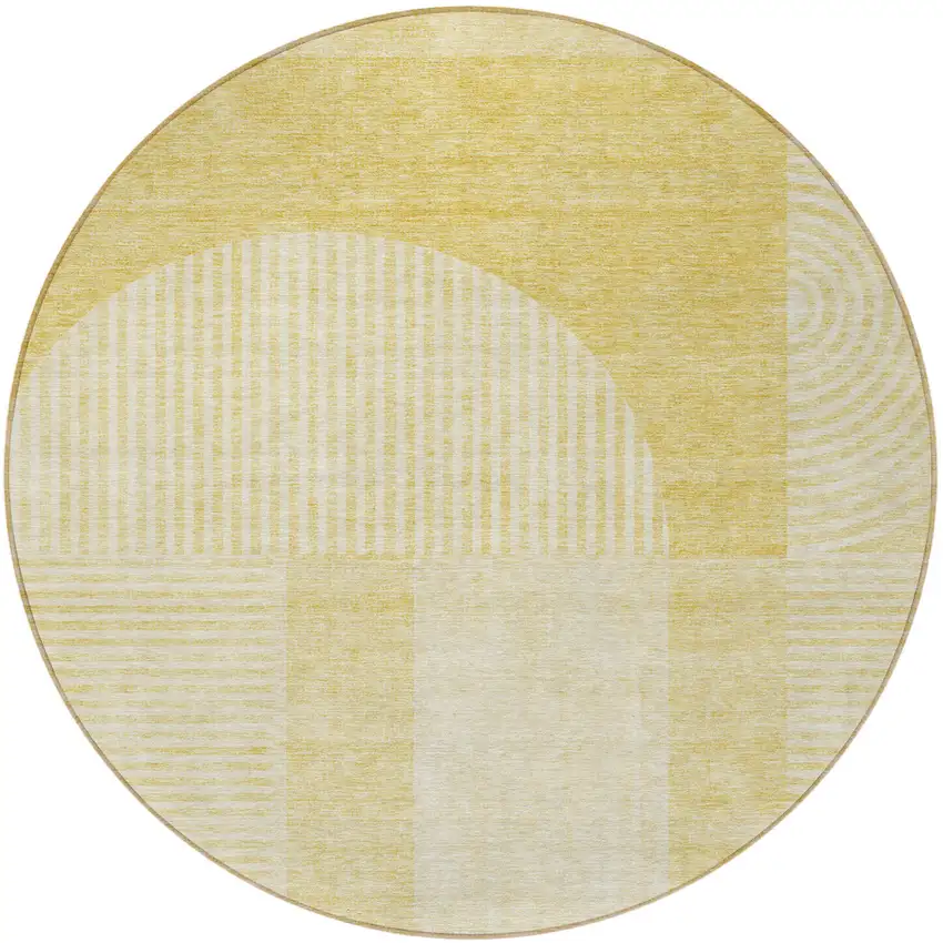 8' Gold Ivory And Yellow Round Geometric Washable Indoor Outdoor Area Rug Photo 5