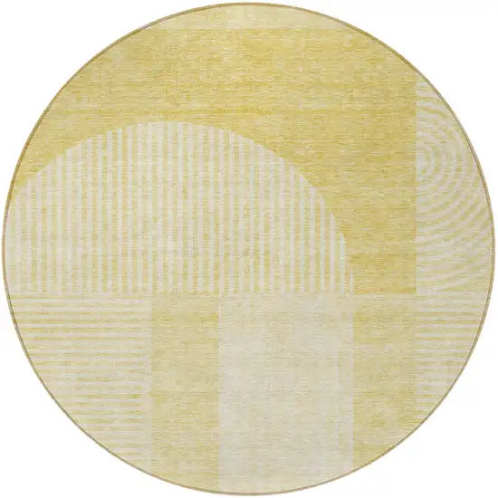 8' Gold Ivory And Yellow Round Geometric Washable Indoor Outdoor Area Rug Photo 5