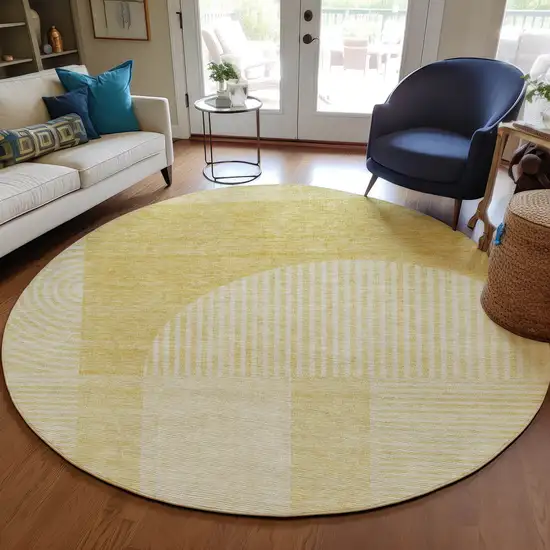 8' Gold Ivory And Yellow Round Geometric Washable Indoor Outdoor Area Rug Photo 7