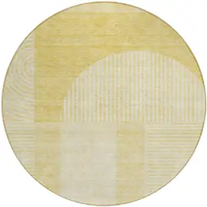 Photo of 8' Gold Ivory And Yellow Round Geometric Washable Indoor Outdoor Area Rug