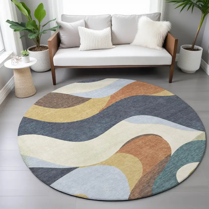 8' Gold Navy Blue And Ivory Round Abstract Washable Indoor Outdoor Area Rug Photo 9