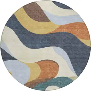 Photo of 8' Gold Navy Blue And Ivory Round Abstract Washable Indoor Outdoor Area Rug
