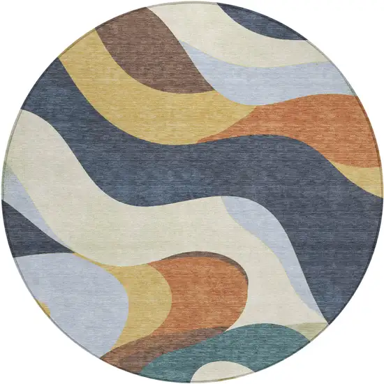 8' Gold Navy Blue And Ivory Round Abstract Washable Indoor Outdoor Area Rug Photo 1