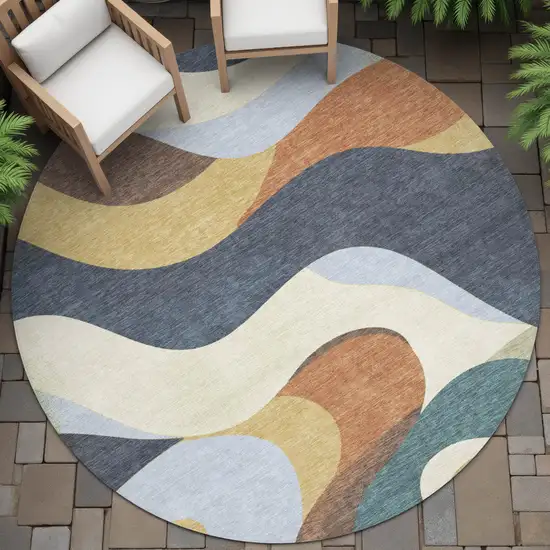 8' Gold Navy Blue And Ivory Round Abstract Washable Indoor Outdoor Area Rug Photo 8