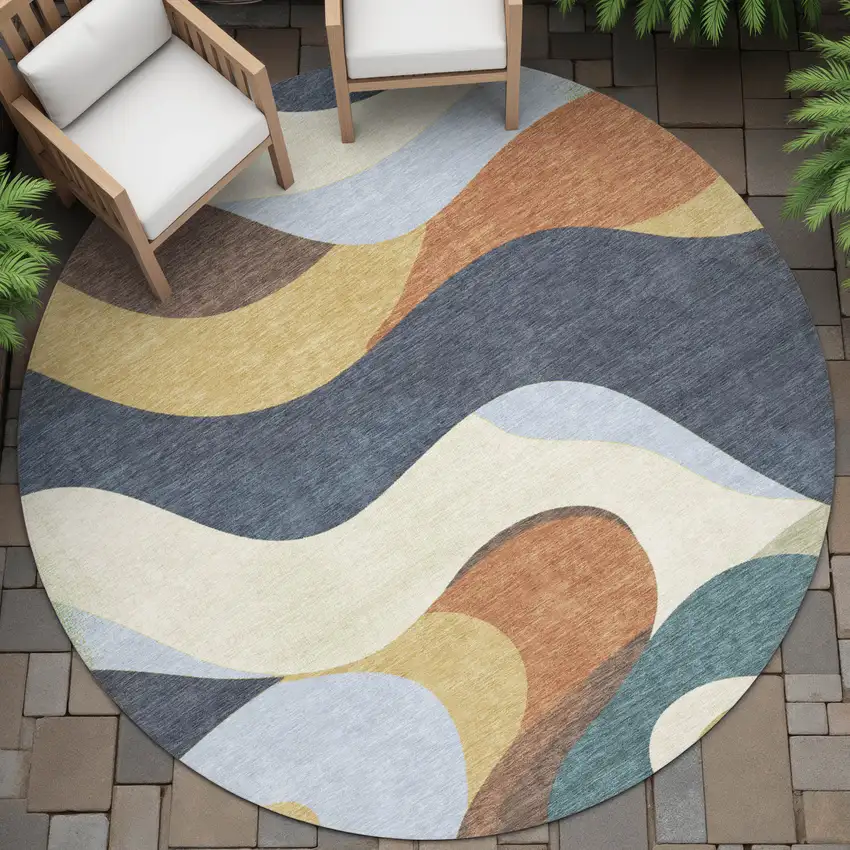 8' Gold Navy Blue And Ivory Round Abstract Washable Indoor Outdoor Area Rug Photo 8