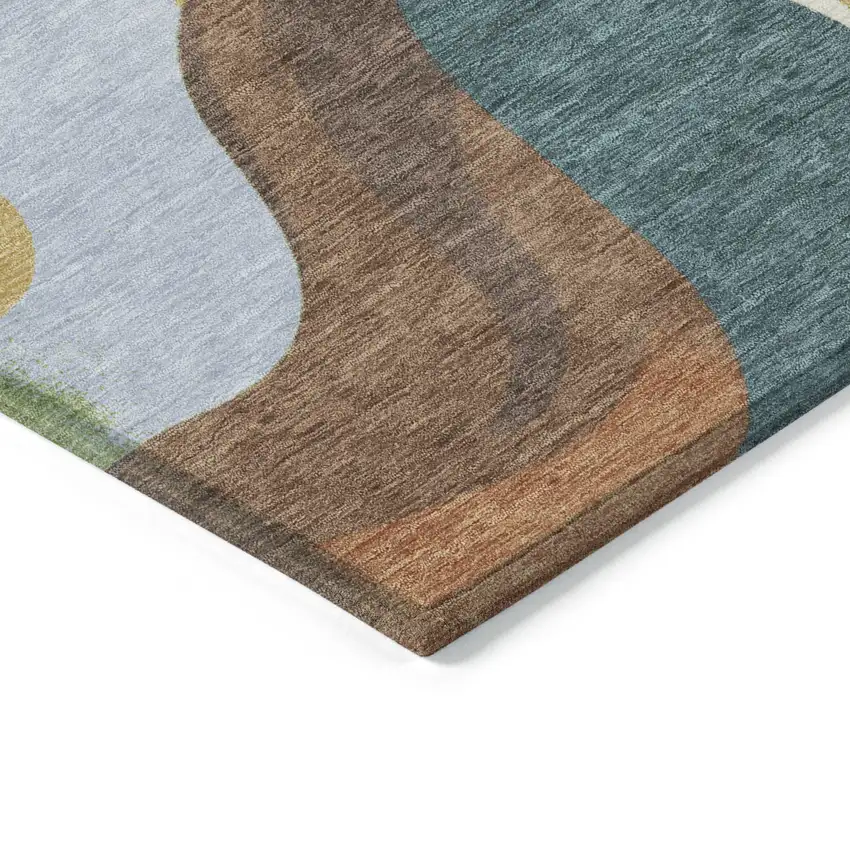 8' Gold Navy Blue And Ivory Round Abstract Washable Indoor Outdoor Area Rug Photo 6