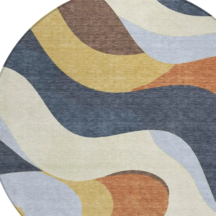 8' Gold Navy Blue And Ivory Round Abstract Washable Indoor Outdoor Area Rug Photo 5