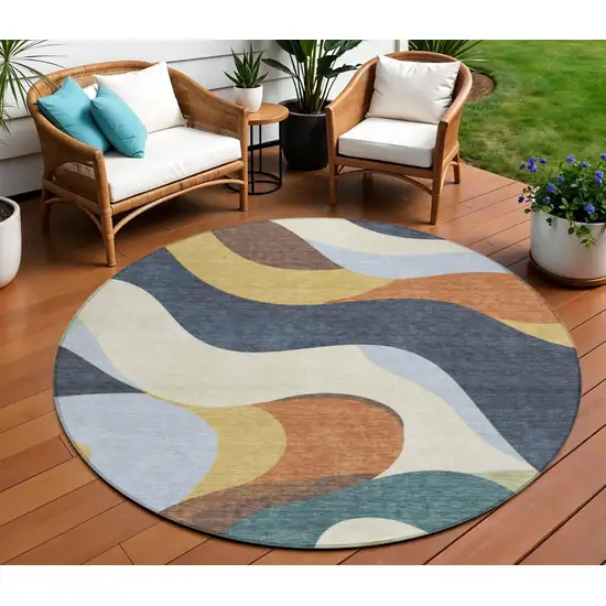 8' Gold Navy Blue And Ivory Round Abstract Washable Indoor Outdoor Area Rug Photo 2
