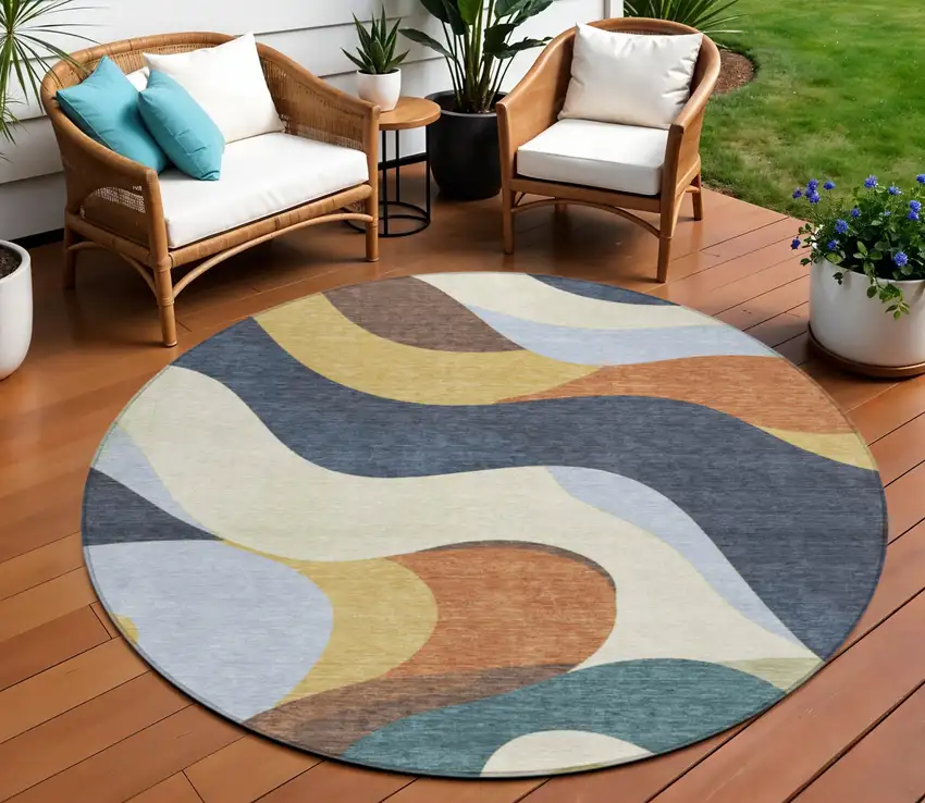 8' Gold Navy Blue And Ivory Round Abstract Washable Indoor Outdoor Area Rug Photo 2