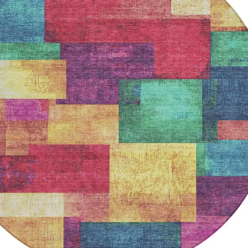 8' Gold Navy Blue And Purple Round Geometric Washable Indoor Outdoor Area Rug Photo 8