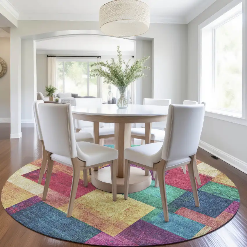 8' Gold Navy Blue And Purple Round Geometric Washable Indoor Outdoor Area Rug Photo 6