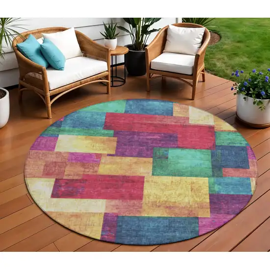 8' Gold Navy Blue And Purple Round Geometric Washable Indoor Outdoor Area Rug Photo 2