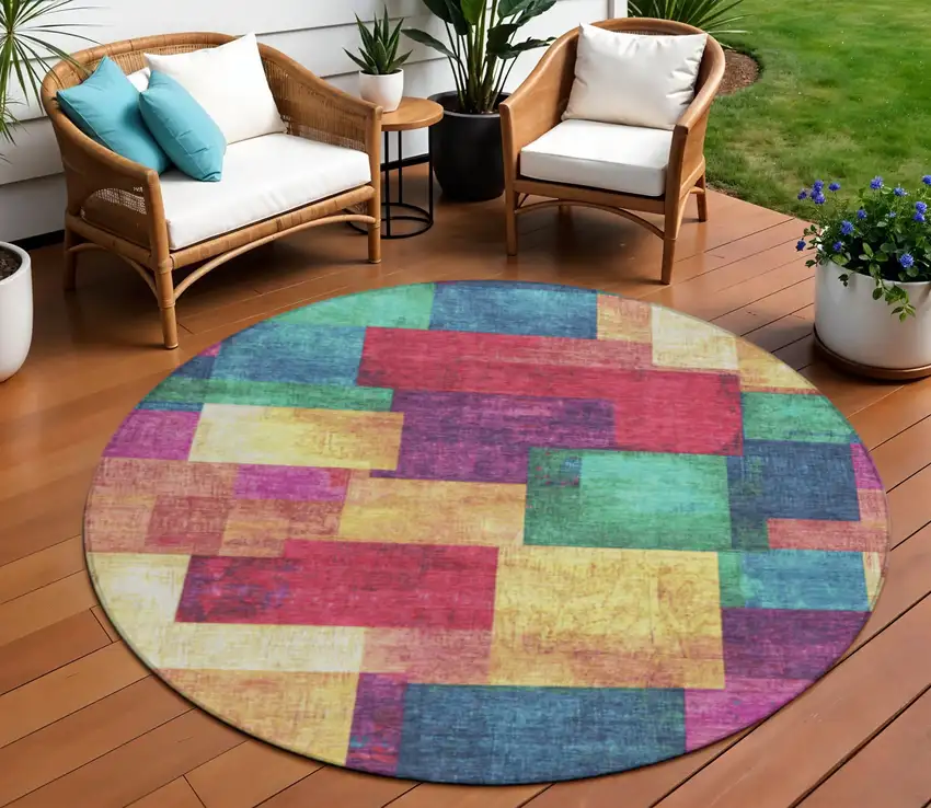 8' Gold Navy Blue And Purple Round Geometric Washable Indoor Outdoor Area Rug Photo 2