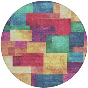 Photo of 8' Gold Navy Blue And Purple Round Geometric Washable Indoor Outdoor Area Rug