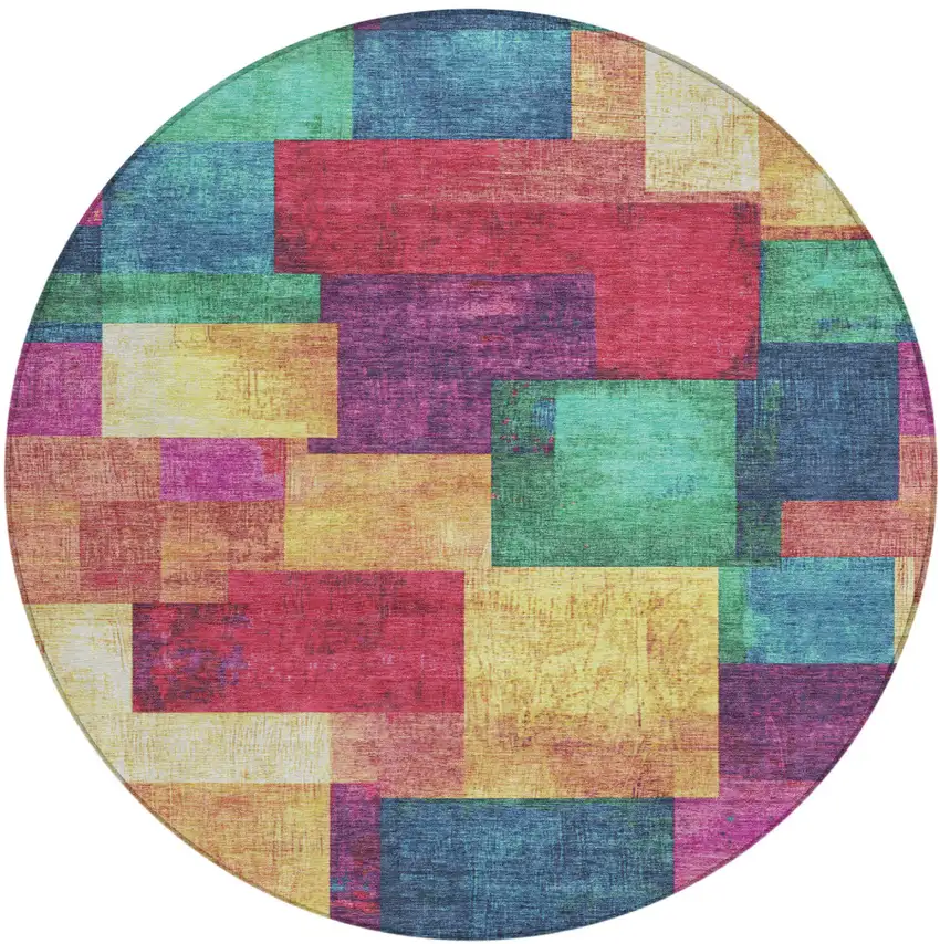 8' Gold Navy Blue And Purple Round Geometric Washable Indoor Outdoor Area Rug Photo 1