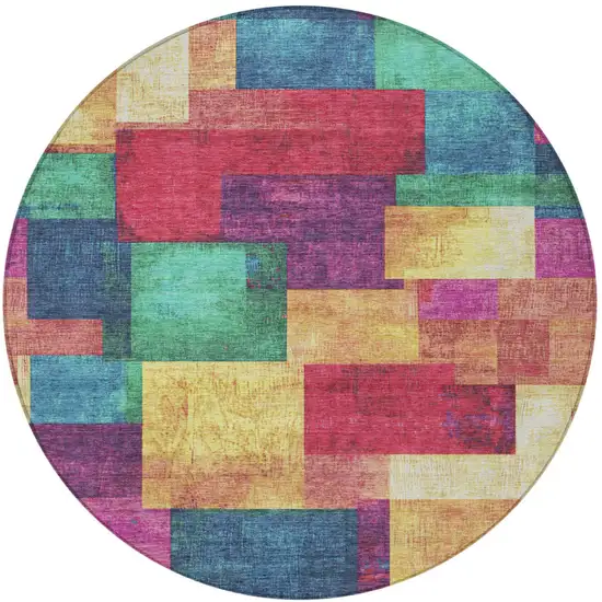 8' Gold Navy Blue And Purple Round Geometric Washable Indoor Outdoor Area Rug Photo 4