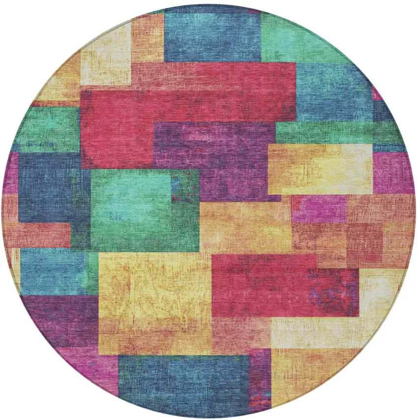 8' Gold Navy Blue And Purple Round Geometric Washable Indoor Outdoor Area Rug Photo 4