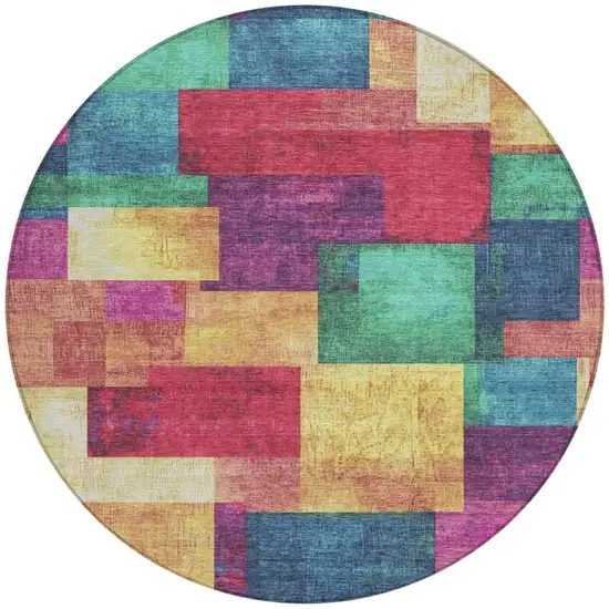 8' Gold Navy Blue And Purple Round Geometric Washable Indoor Outdoor Area Rug Photo 3