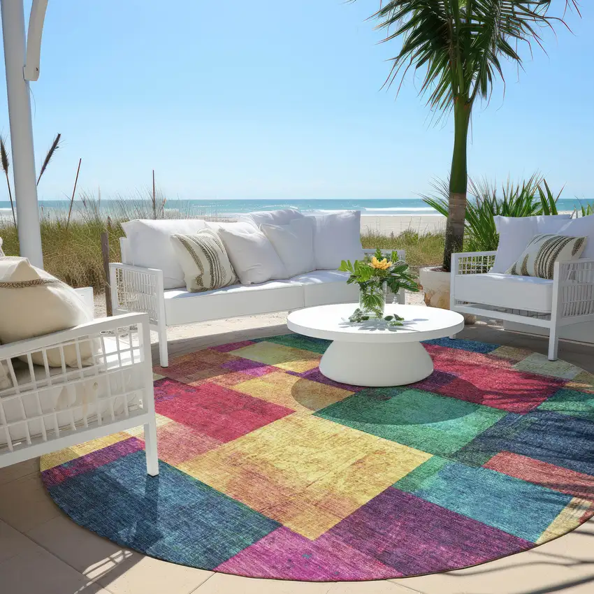 8' Gold Navy Blue And Purple Round Geometric Washable Indoor Outdoor Area Rug Photo 5